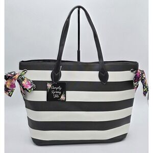 Simply Spring Tote Black White Stripes Flower Print Bows NWT Large Stylish #0255